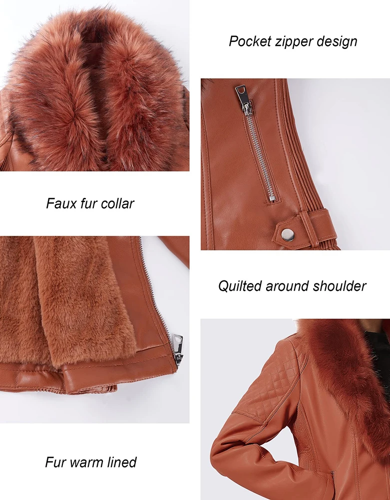 Giolshon Spring Fashion Women Fur Collar Jacket Faux Suede PU Leather Jacket Moto Coat Female Winter Warm Outerwear