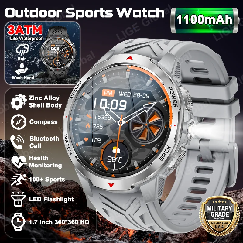 

LIGE 1100mAh Large Battery Durable Adult Smart Watch Compass LED Flashlight 3ATM BT Call Heart Rate 100+ Sports Smartwatch Men