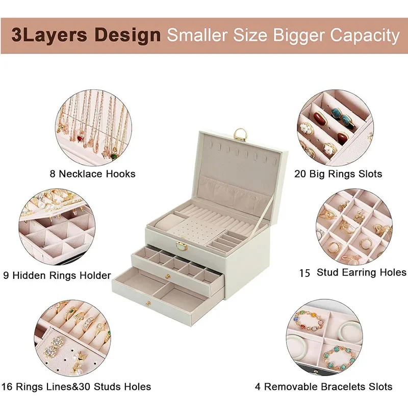 New Cross-border Three-layer Jewelry Box Multi-functional Jewelry Storage Box Lock Large Capacity Dustproof Home Decor