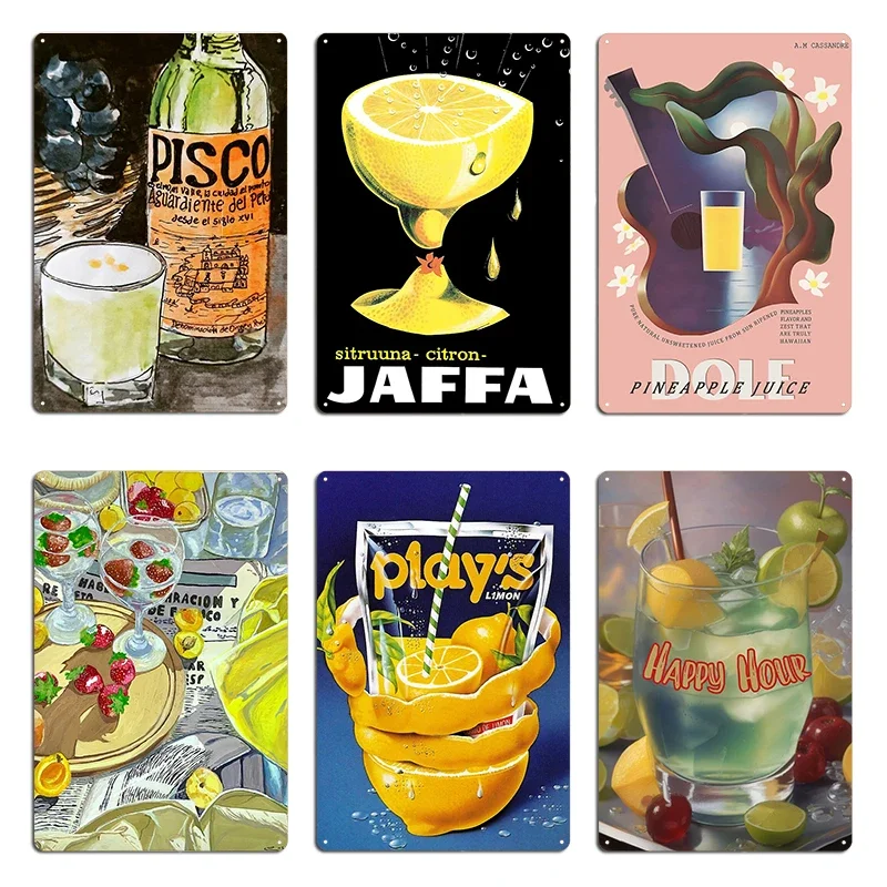 Hoje, Pisco Sour no final do dia de trabalho, Suco de Abacaxi Cassandre Dole do Havaí, Pôster de Metal para Clubes e Bares, Placa de Metal Decorativa.
