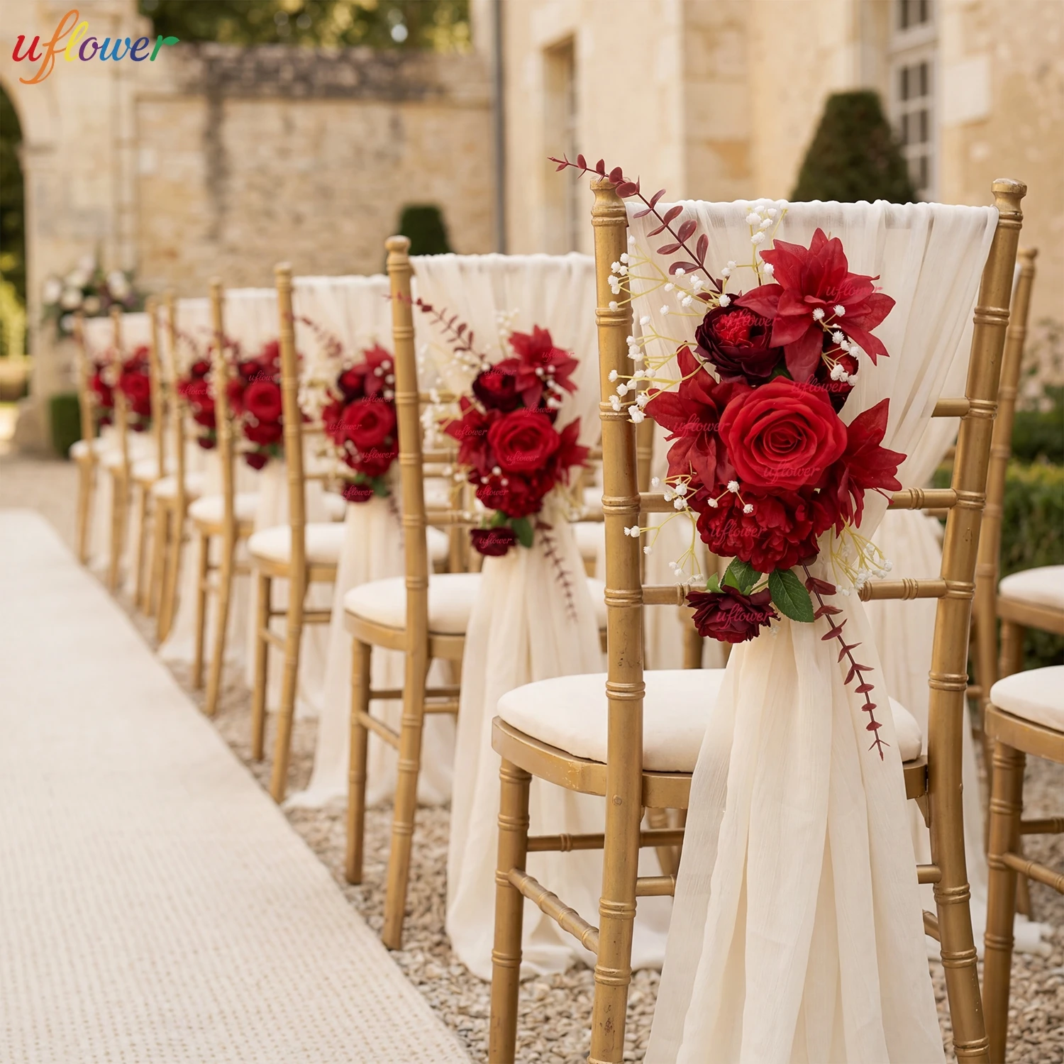 Wedding Decorative Chair Back Flowers Red Rose Banquet For Banquet Church Festival Birthday Party Outdoor Garden Aisle Flowers