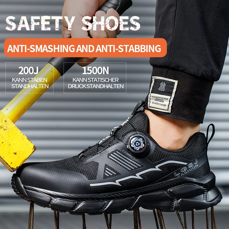 Industrial Safety Shoes Comfy Breathable Woven Knit Shock Absorption Non-Slip Sole Puncture Proof Lace-Up Work Shoes