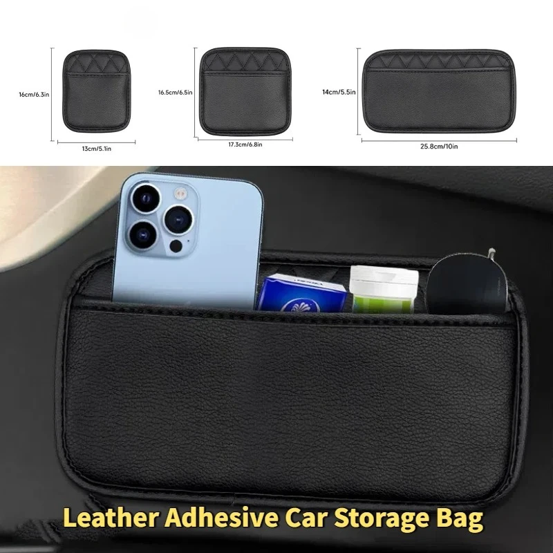 Car Storage Pocket PU Leather Sundries Self-adhesive Bag In Car Interior Universal Accessories Storage Pocket for All Vehicles