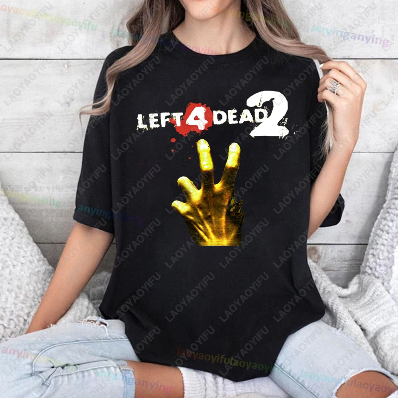 Left 4 Dead 2 Game Tee Vintage Aesthetic Zombies Game Lover T-Shirt in Black NEW Casual Crew Neck Short Sleeve Outdoor Tee Men
