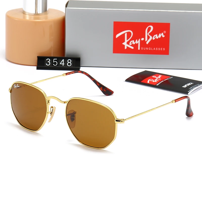 Rayban Glass lenses 3548 Sunglasses Classic Round, Circular Sun Glasses with Gold Trim and Brown Shades in original box