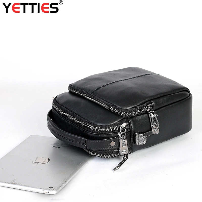 YETTIES Men's Vertical Top Grain Leather Briefcase, Mini Messenger Bag Crossbody, Small Square Shoulder Hand Carry Office Bag