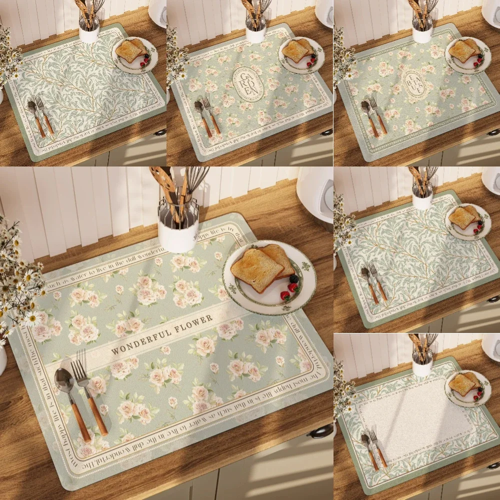 French Light Green Flowers Diatomite Rubber Kitchen Mat Absorbent Non Slip Dish Drying Pad for Coffee Machine Tea Cup Home Decor