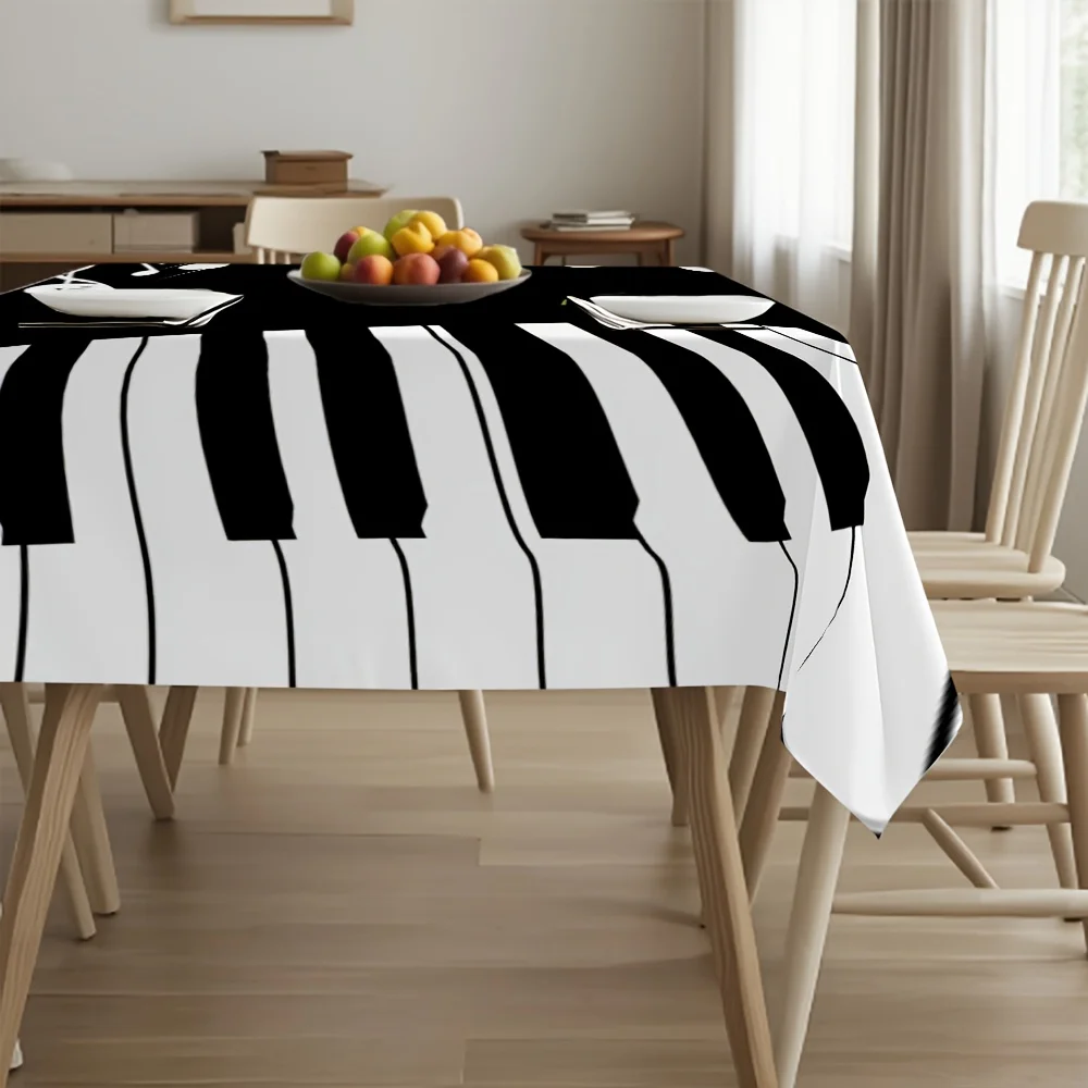 One set of dark grey musical notes and piano key tablecloth - Easy to clean surface suitable for dining tablexzj