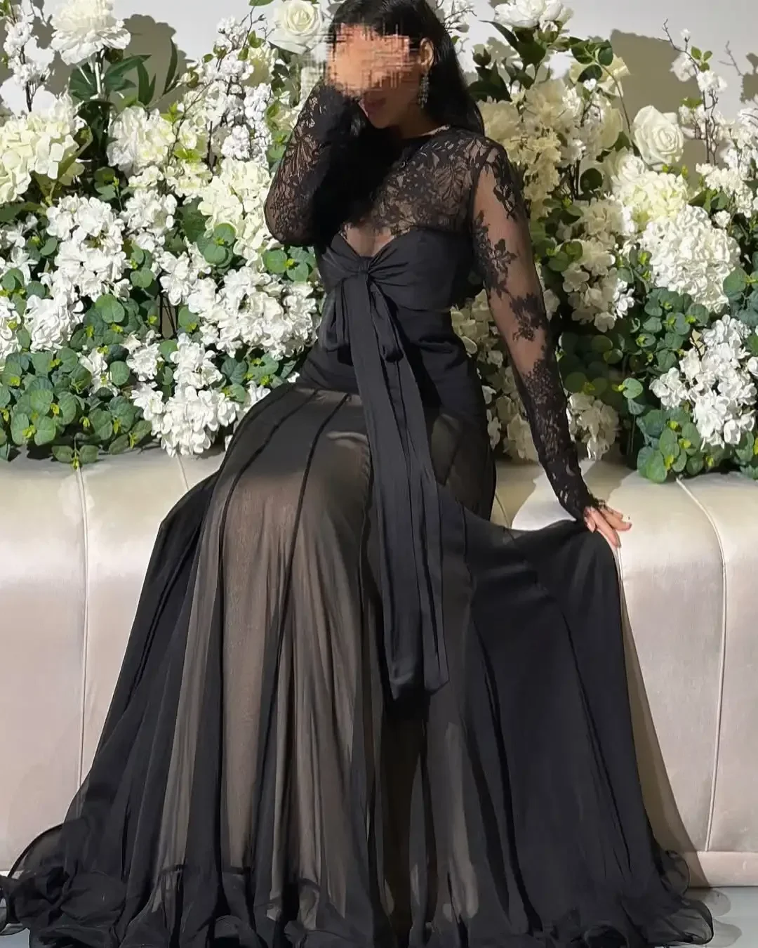 

Arabia Saudi Luxury Black Lace Evening Dresses High-Neck Sheer Bow Tie Gown For Prom Gala فساتين سهرات