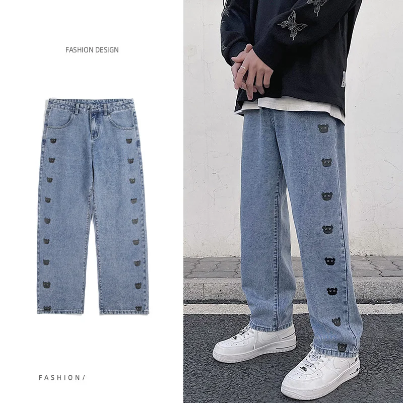 Men's Printed Jeans Fashion Straight Style New Casual Wide Leg Jeans Men's Street Clothes Korean Hip Hop Pants Summer Jeans