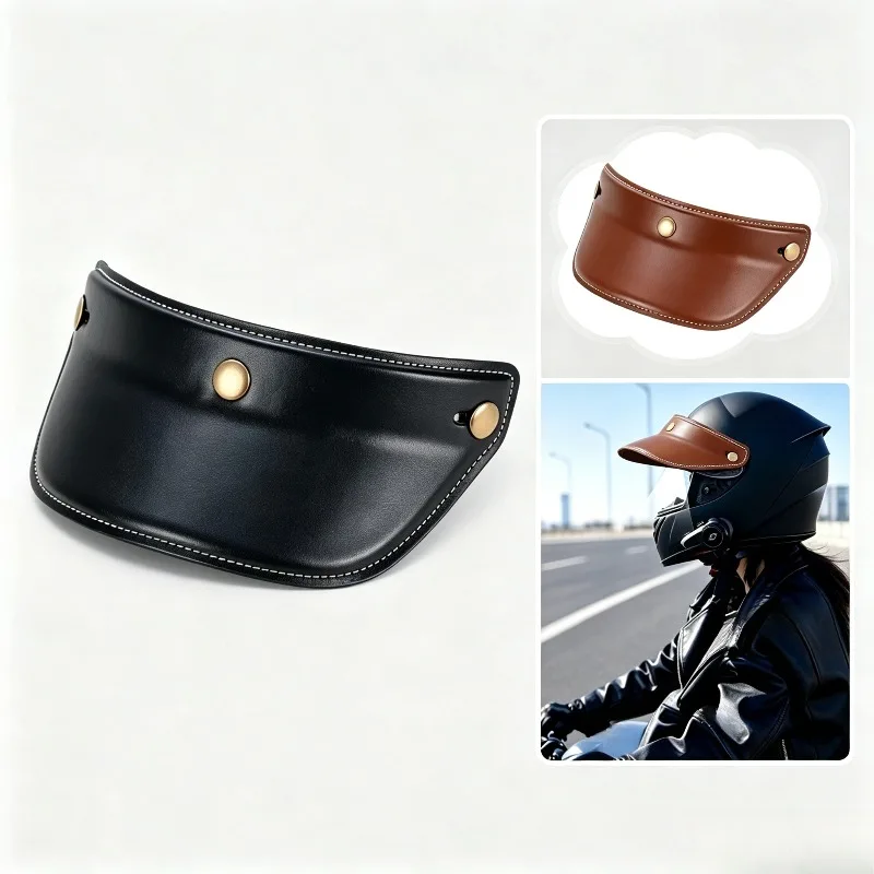 Open Face Motorcycle Helmet Lens 3 Snap Button Helmet Visor Lightweight Leather Sun Protection Peak Shield
