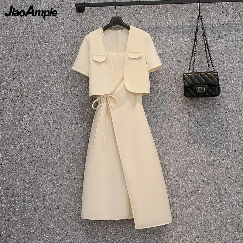 Women\'s Dress Suit 2023 Summer New Fashion Short Coat Irregular Midi Suspender Skirt Two-piece Korean Elegant All-match Set