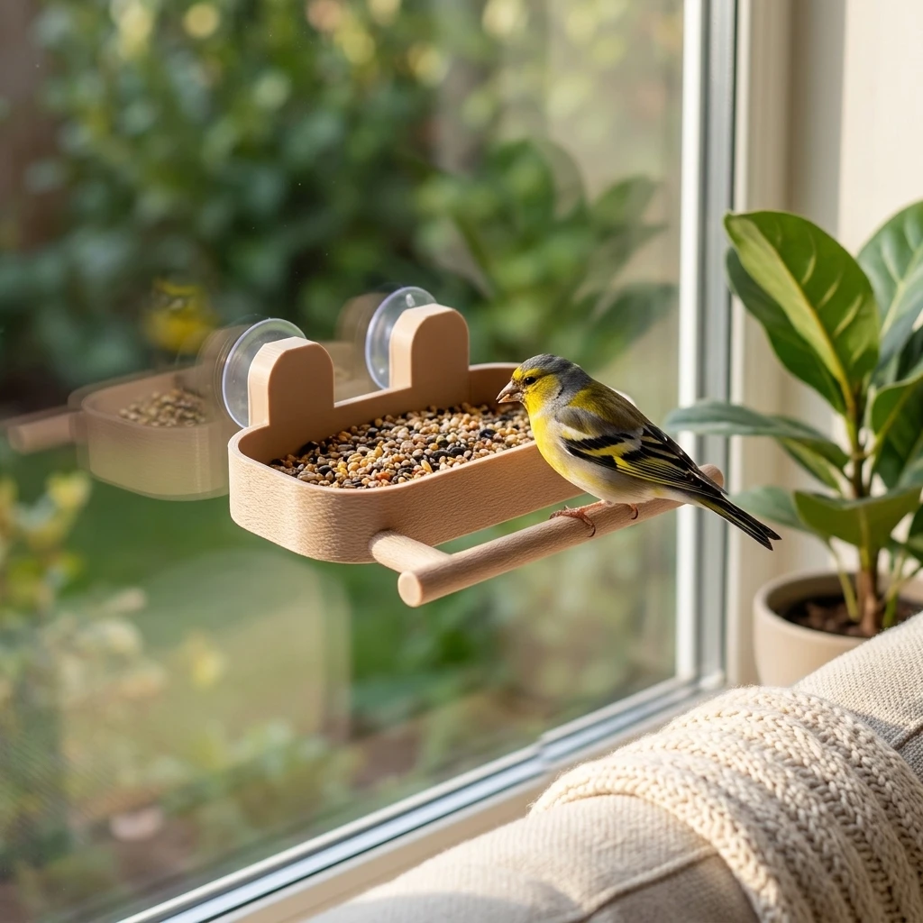 Window Bird Feeder with 2 Suction Cups, Plastic Leak Resistant Tray, Clear Viewing Bird Seed Holder for Standard Windows and