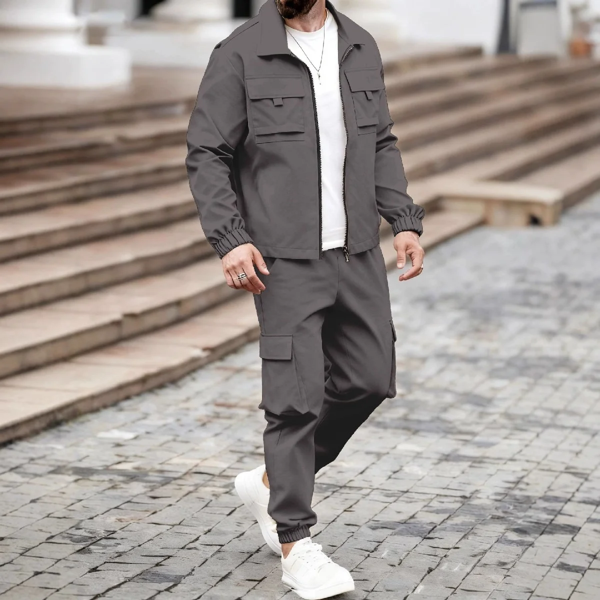 Spring and autumn new men's multi-pocket long-sleeved sets, zipper-opening long-sleeved tops and long pants casual sets