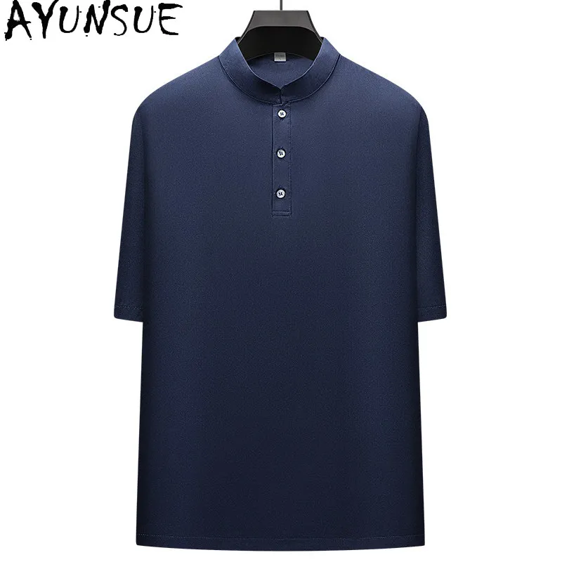 AYUNSUE 22mm 92% Natural Mulberry Silk Polo Shirt Man Summer Top Luxury 2026 Stand Collar Vintage Polo T Shirts Polo De Hombre