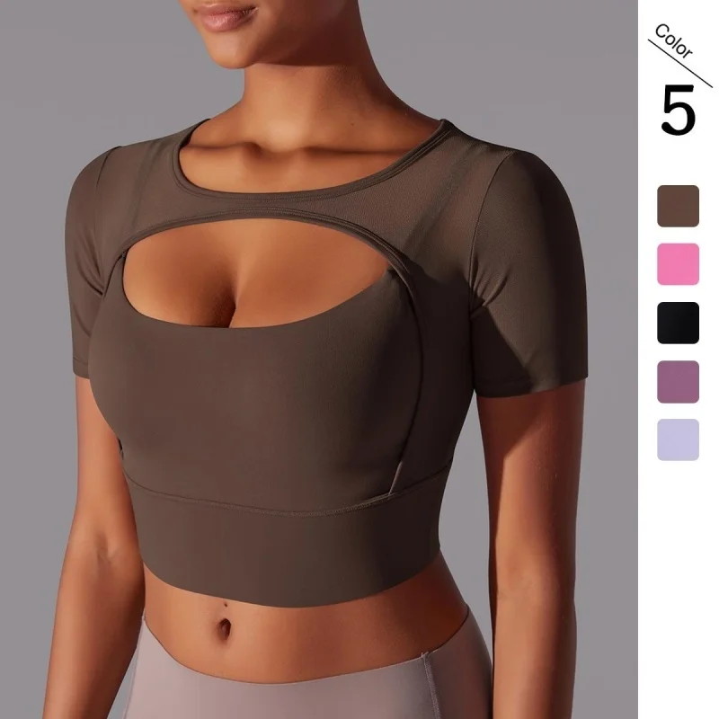 Solid Color Yoga Short Sleeve Double Layer Yoga Tank Top Spliced Mesh Yoga Clothing Top Fitness Running Sports Bra Women