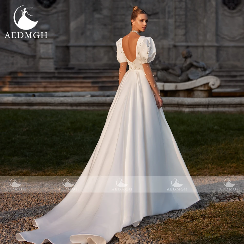 Aedmgh Gaun Pernikahan Antik A-Line 2023 V-Neck Puff Lengan Panjang Vestido De Novia Kristal Bermanik Matte Stain Robe De Mariee