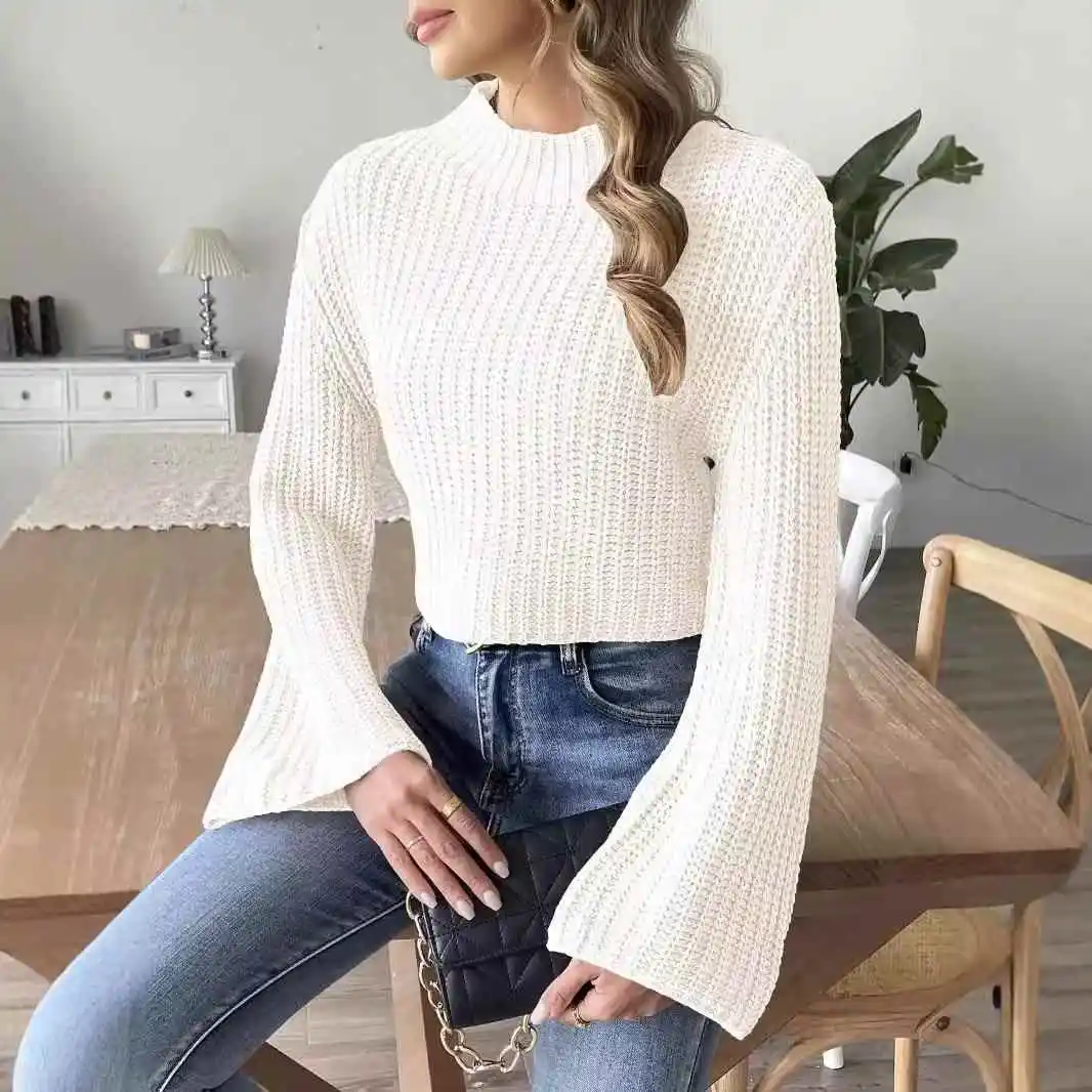 

Women's ort Crop Top Woven Sweater Flared Sve Long Sve Winter New Sle Pure Color Casual Comfortable Fit Knitwear