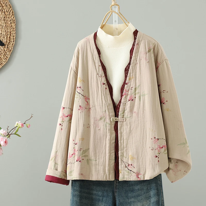 

Хлопковая куртка с кружевной отделкой в стиле ретро, женская свободная теплая верхняя одежда, длинная све, обычная длина, застежка на одной пуговице