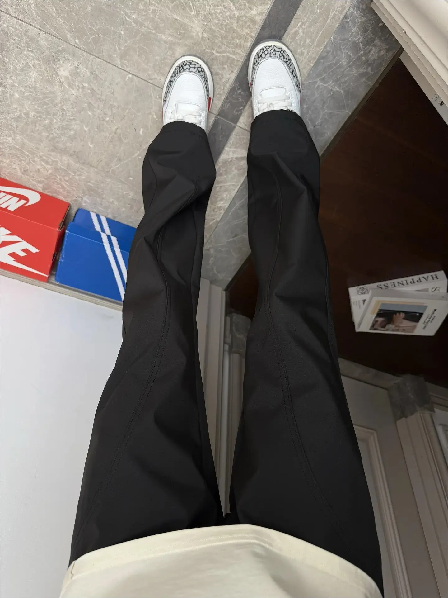 Black Men's Summer Ice Silk Three-Proof Casual Pants Loose Straight Leg Elastic Waistband Quick-Drying Micro Flared Trousers
