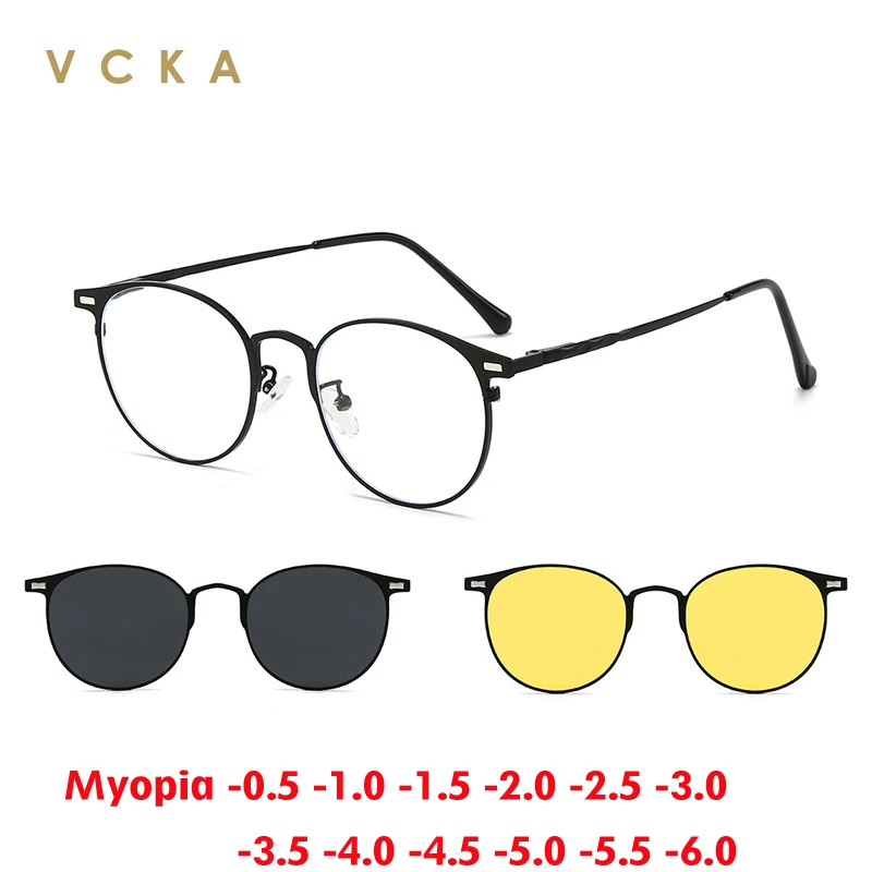 VCKA 3 in 1 Women Round Myopia Sunglasses Magnetic Clips Custom Prescription Optics Glasses  Men Polarized Frame -0.5 to -10