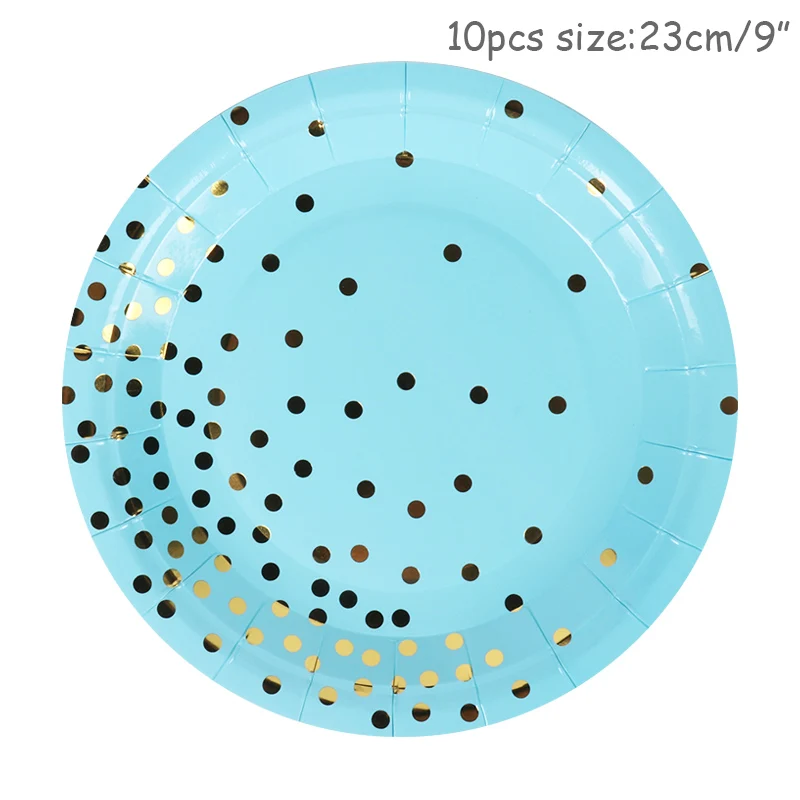 Blue Bronzing Dots Disposable Tableware Paper Plates Straws Cups Tablecloth for Kids Birthday Party Baby Shower Wedding Decor