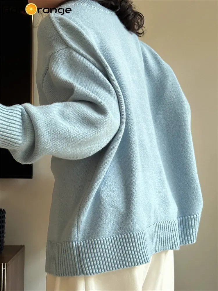 HanOrange 2024 Spring Fashion Lazy Wool V-neck Sweater Women Cardigan Warm Fluffy Knitted Jacket Light Blue/Pink Purple