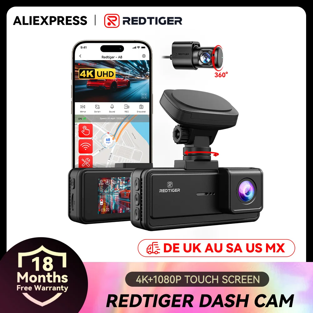 REDTIGER A8 4K Cámara Dual Delantera y Trasera para Auto, Pantalla Táctil IPS de 3.18 Pulgadas, WiFi 5.8Ghz Integrado, GPS, DVR para Auto, Visión Nocturna