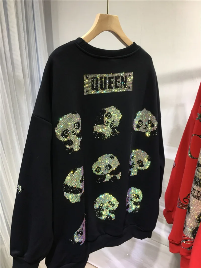 Velvet Padded Thickened Sweatshirt Heavy Embroidery Diamond Drills Cute Cartoon O-Neck Loose Oversize Top Autumn Winter New 2023