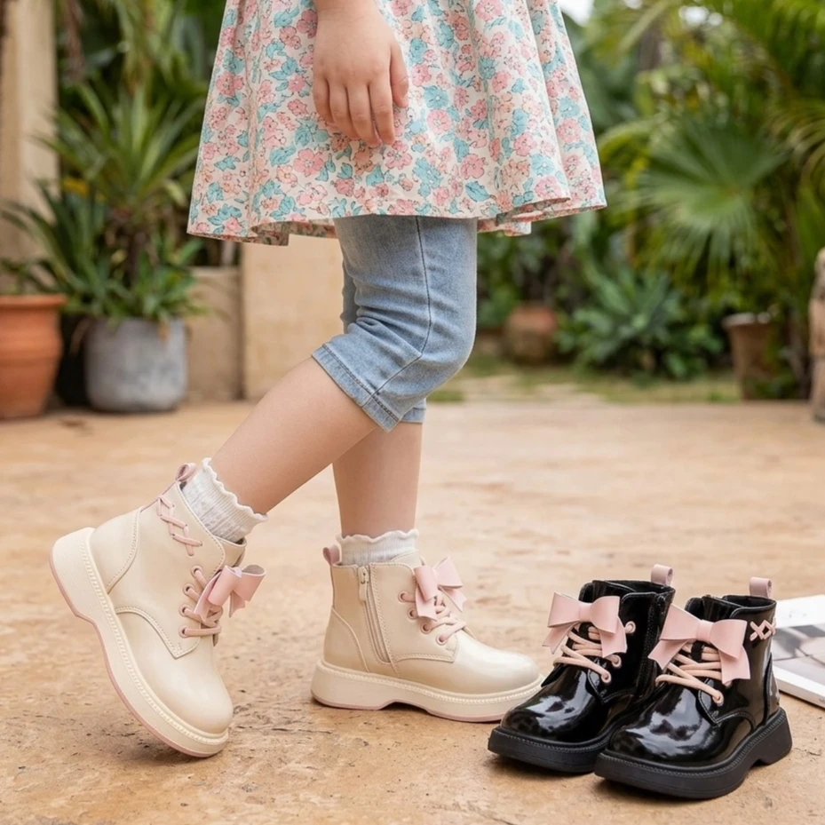Girls Glossy Leather Boots with Big Bow 2026 New Winter Toddler Chunky Ankle Boots Non-slip Trendy Princess School Party Boots