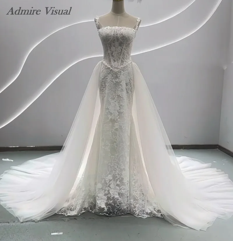 Admire Visual Wedding Dress Mermaid Lace 2 in 1  Square Neckline Sleeveless With Detachable Tain Customized Bride Gowns