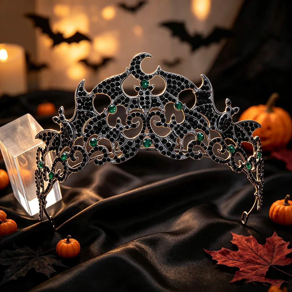 Gothic Bat Crescent Moon Tiara Crown Vintage Black Metal Witch Headband Halloween Cosplay Masquerade Hair Accessories for Women view 5