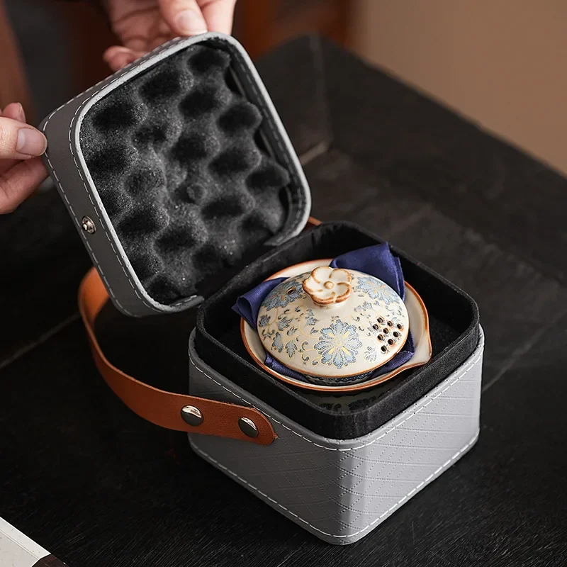 Blue & White Ru Porcelain Travel Tea Set - 1 Teapot 3 Cups, Portable Kung Fu Ceremony Kit with Lotus Pattern & Compact Case