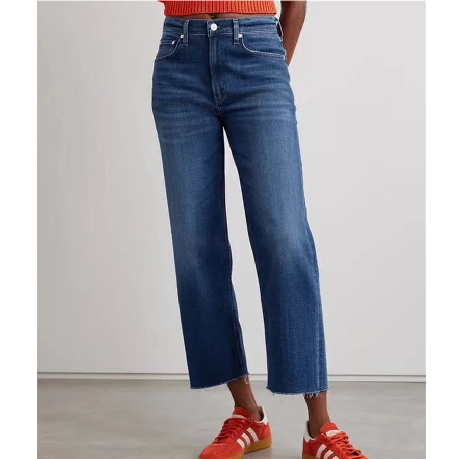 

Женские джинсы Maxdutti в французском стиле, с высокой эластичностью, высокой талией, свободного прямого кроя, укороченные, для женщин