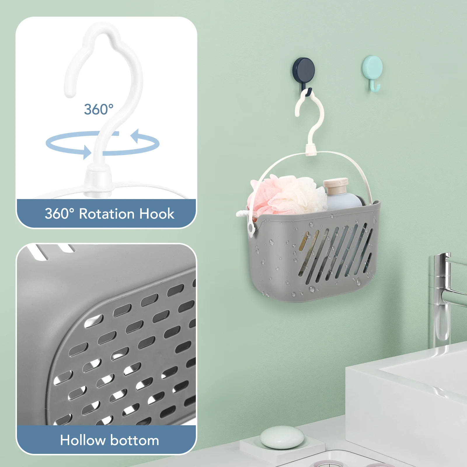 Plastic Storage Basket Hook Hanging Shower Kitchen Organizer Waterproof Rustproof Colorfast Scratch Resistant Rotatable Hollow