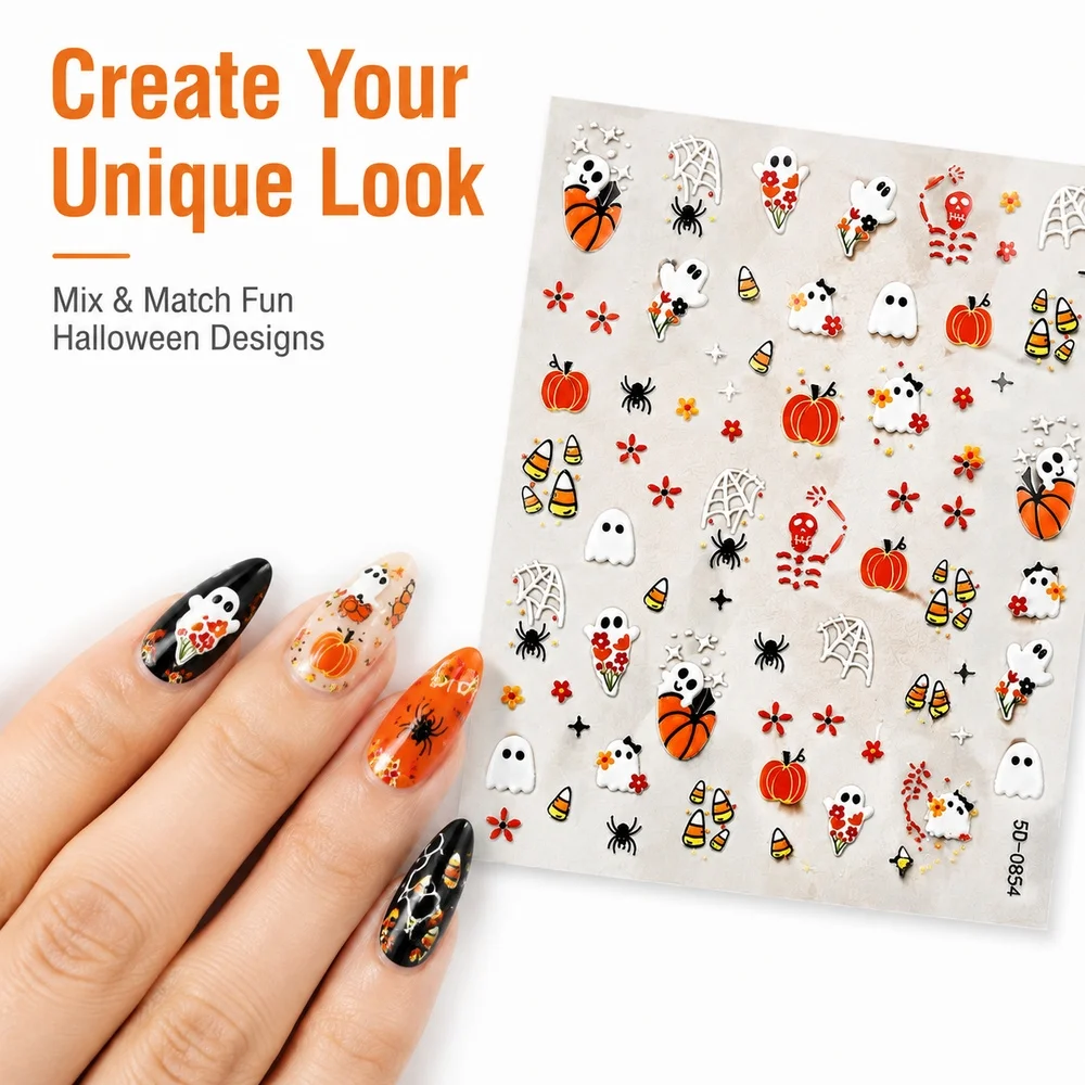 1Pc Y2K Spooky Halloween Nail Decals 5D Raised Dancing Skeleton Floral Ghost Pattern Waterproof Single Sheet Nail Sticker