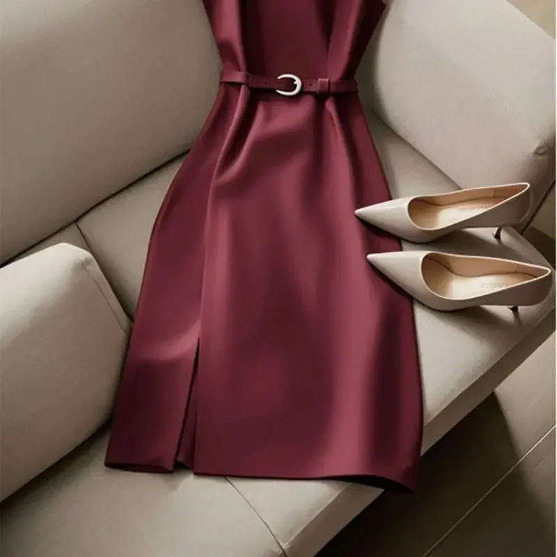 New French Luxury Summer Dress Women Elegant Sleeveless High Waist Satin Formal Dress Fashion Party Vestidos with Belt High End