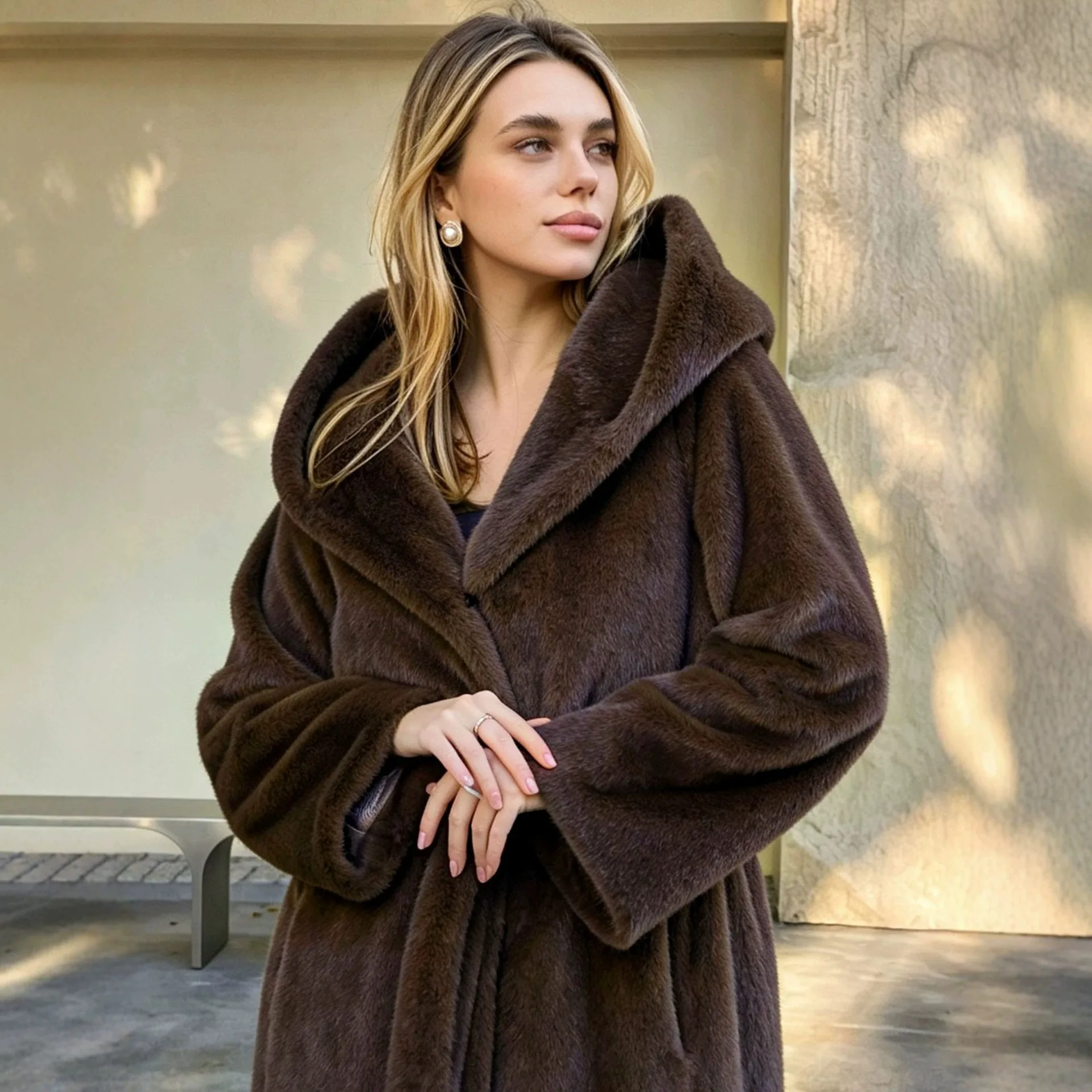 Hooded Coats Women Faux Fur Jackets Mid Length Coat Thick Warm Y2k Streetwear Open Pront Elegant Work Outerwear Lace Up Solid