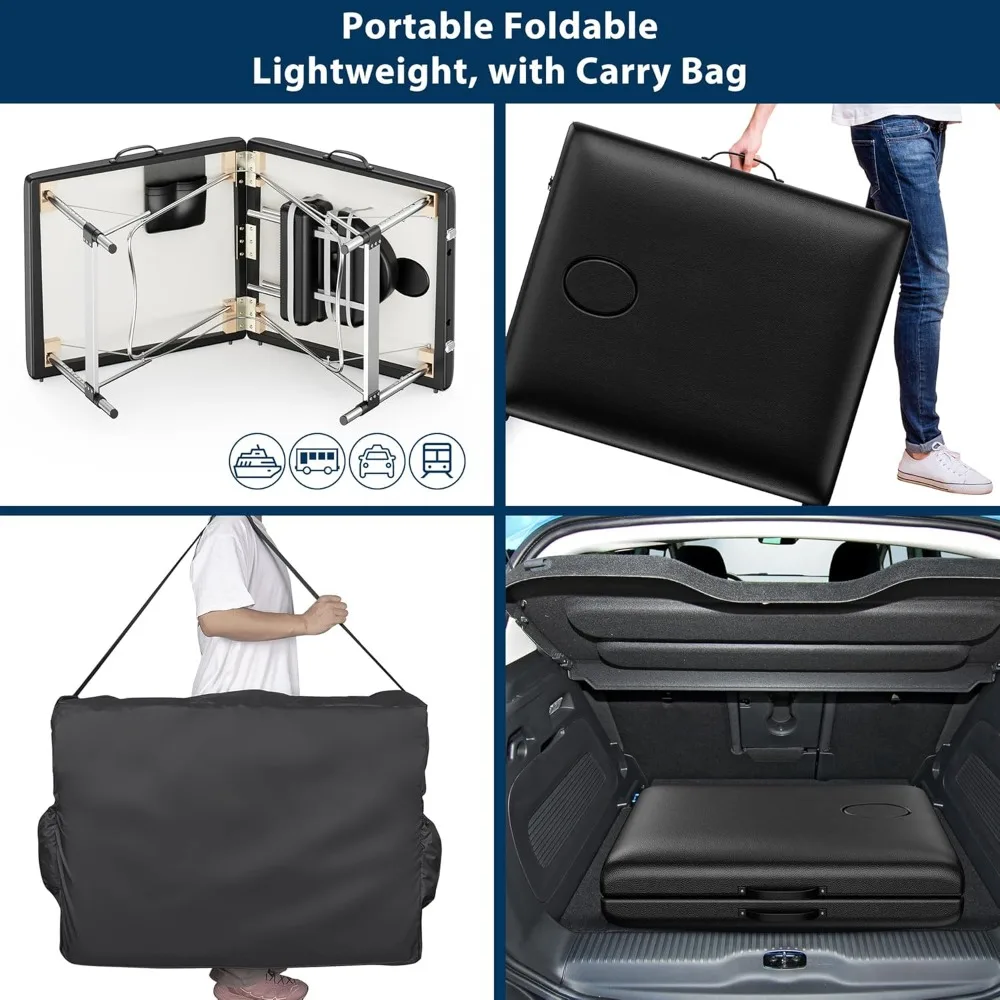 طاولة تدليك محمولة، سرير رموش ثنائي الطي مع جيب جانبي، ارتفاع قابل للتعديل، إطار ألومنيوم قوي، سبا تجميلية #4