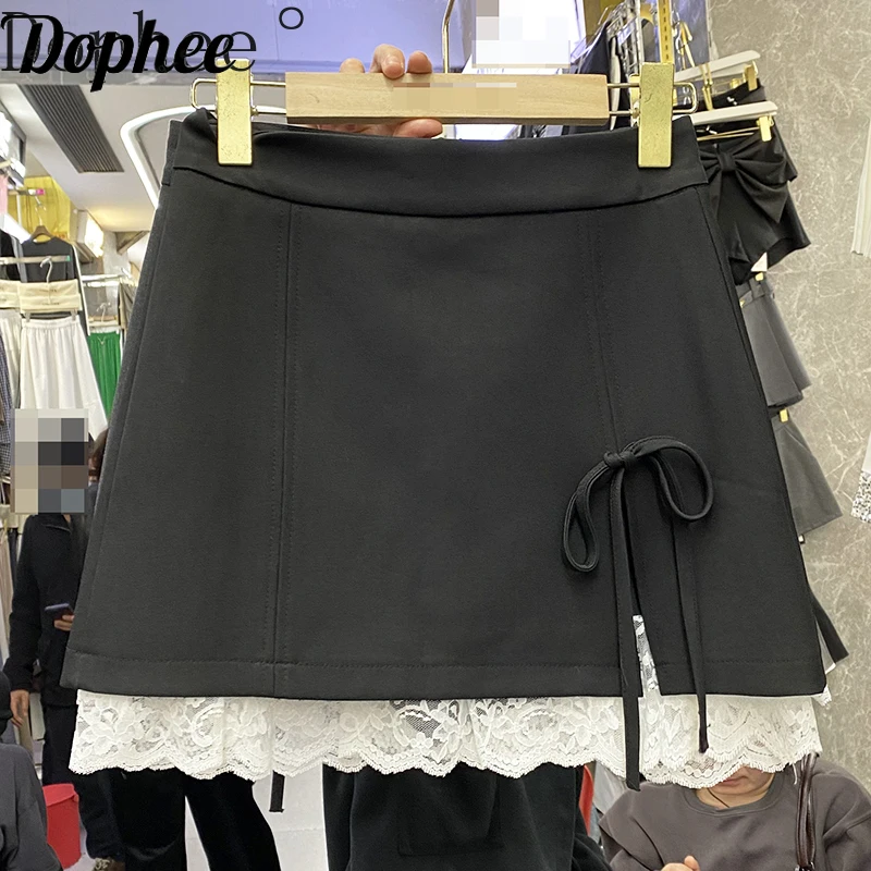 Dophee Asymmetric Lace Splicing Women Short Skirts 2025 New Spring Summer High Waist A-line Skirt Bandage Bow Mini Skirts