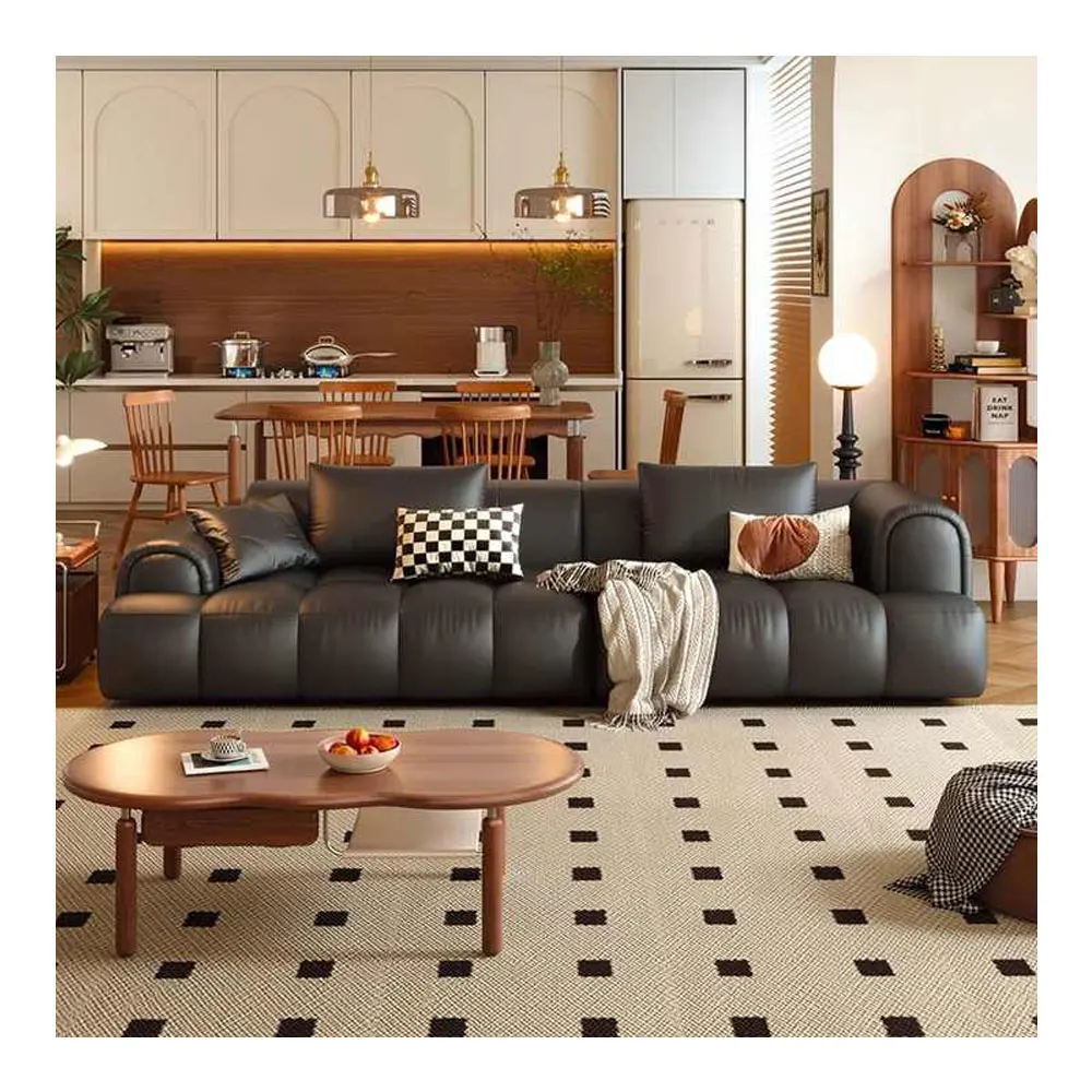 

Mid-ancient Leather Luxury Sofa Small Apartment Straight Row Puff Cotton Candy Living Room Sofas