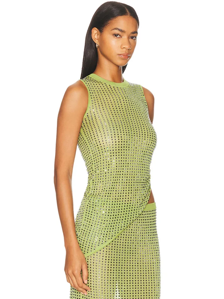 Conjunto de falda de dos piezas por debajo de la rodilla para mujer, Sexy, sin mangas, con diamantes verdes, trajes elegantes para fiesta y Club nocturno, 2025