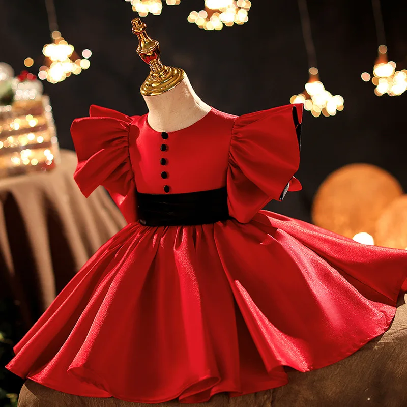 Bright Red Children's Formal Dress High-End Little Host Piano Performance Dress Spring Girls Stylish Princess Dress