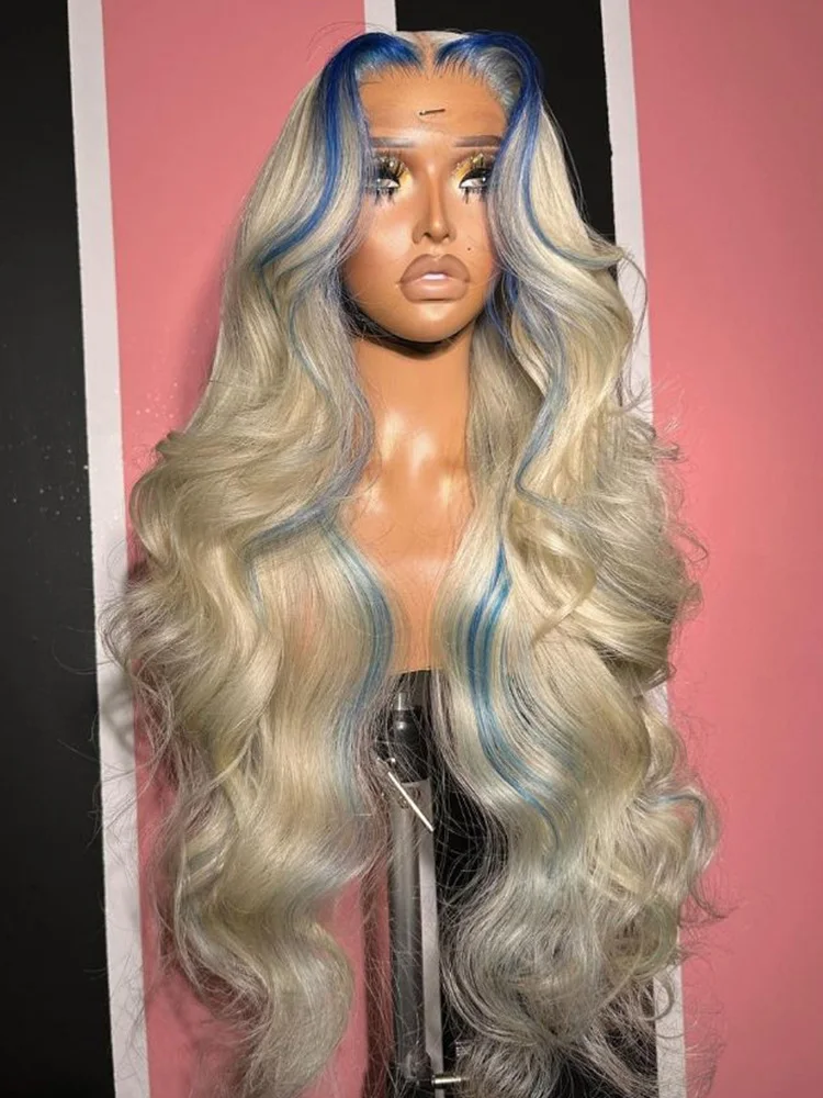 

13x6 HD Lace Frontal Wig Colored PLatinum Blonde And Blue Stripe Wig Loose Wave Ombre Honey Blonde Human Hair Wig For Women