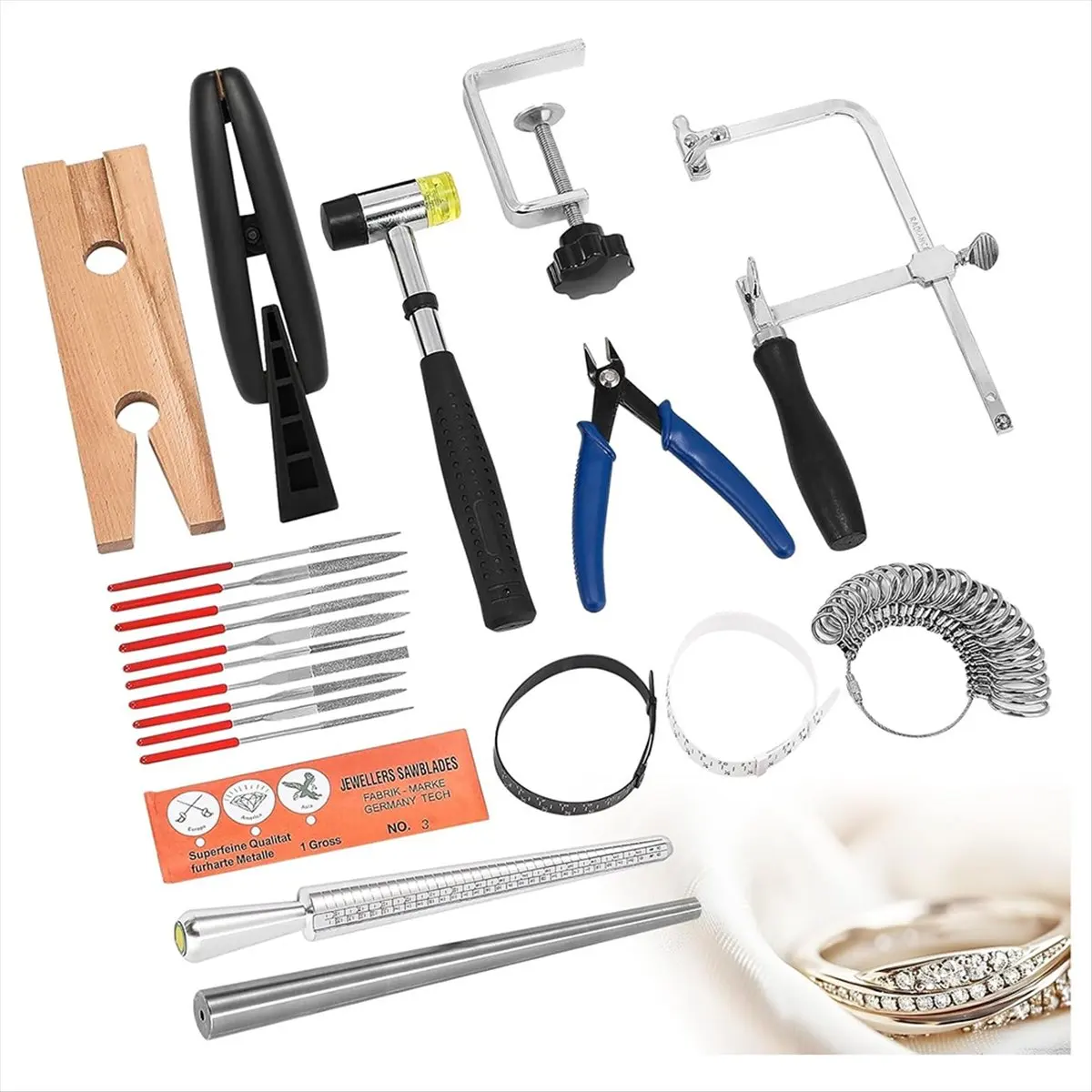 AA77 NEW  Jewelers Tools Set with Clamp Ring Clamp Steel Ring Mandrel Ring Sizer Rubber Hammer for DIY Jewelry Making Repairing