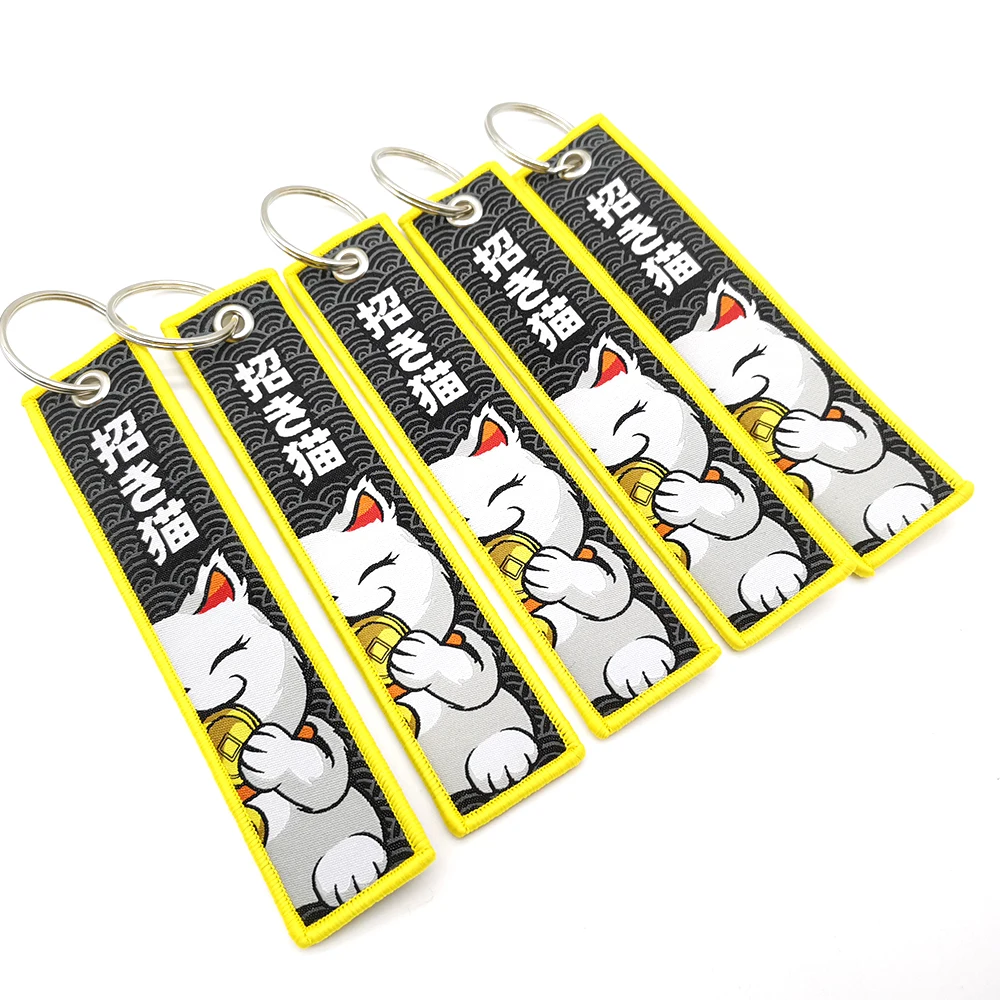 

JDM Fashion Tags Keychain Rectangle Polyester Embroidery Motorcycle Lucky Cat Auto key Ring Car Accessories