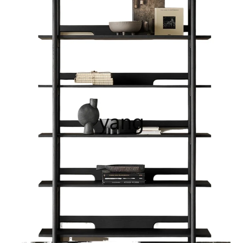 

LXL Bookshelf Integrated Wall Solid Wood Floor Living Room Black Full Wall Multi-Layer Shelf