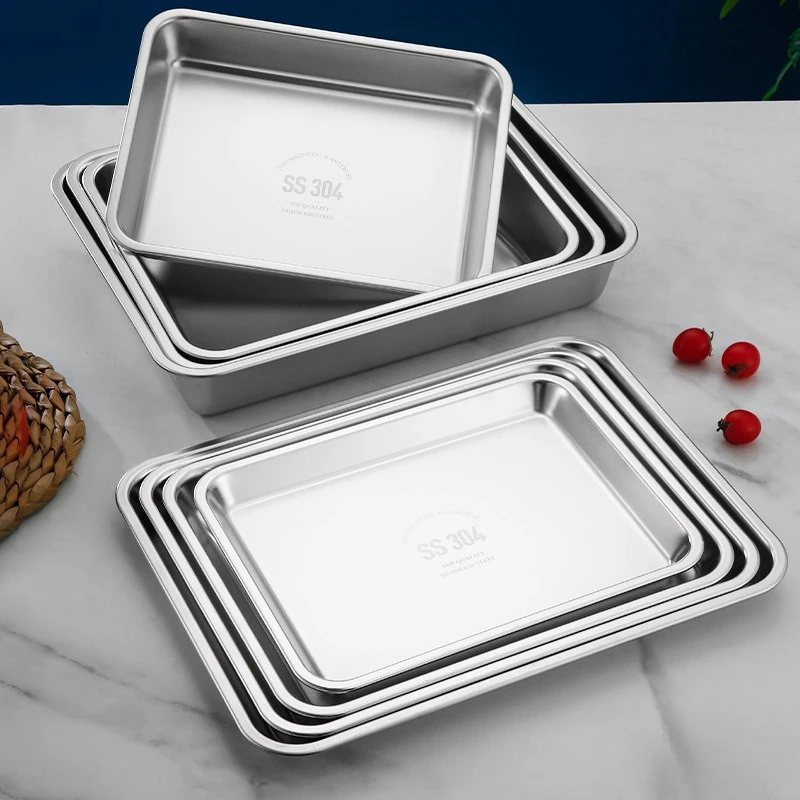 304 Thicked Stainless Steel Food Storage Tray Rectangle Oven Cake Bread Plate Flat Bottom Dishes Kitchen Tools