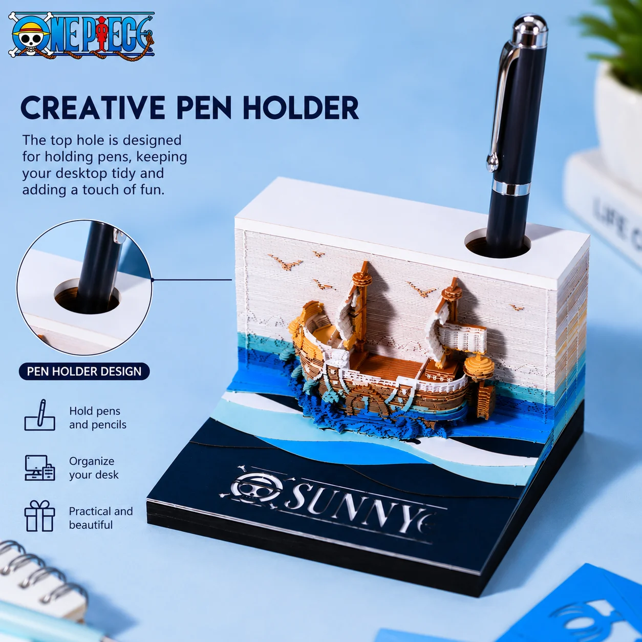 One Piece Thousand Sunny 3D Paper Carving Memo Pad Tear Off Sticky Notes Creative Pen Holder Desk Decoration Anime Collectible