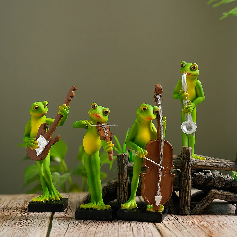 Entzückende lustige Froschmusiker-Tierstatue aus Kunstharz, Ornamente, Sammlerfiguren, Heim- und Gartendekoration, Geschenk für Musikliebhaber